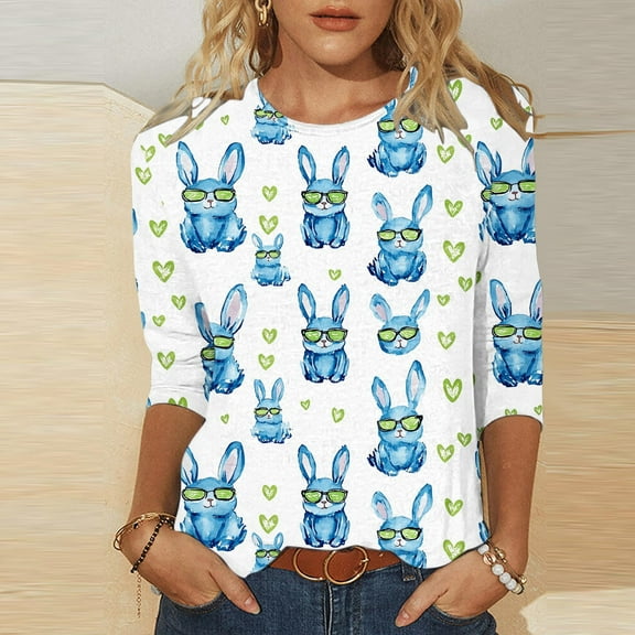 Cavosen Happy Easter Women's Tops and Blouses 3/4 Sleeves Summer Bunny Print Pullover Shirts Crewneck Holiday Blouse Vacation Festival T Shirts Casual Dressy Tees White 2XL