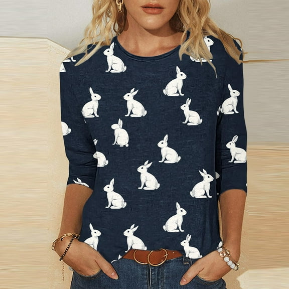 Cavosen Happy Easter Womens 3/4 Length Sleeve Blouses Summer Bunny Print Pullover Tops Crewneck Holiday Shirts Vacation Festival T Shirts Casual Dressy Trendy Tees Blue M