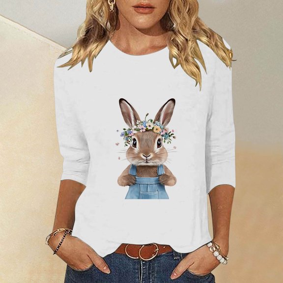 Cavosen Happy Easter Womens 3/4 Length Sleeve Tops Crew Neck Summer Bunny Print Pullover Blouse Holiday Shirts Vacation Festival T Shirts Loose Dressy Stylish Tees White S