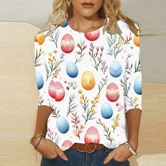 Cavosen Happy Easter Womens 3/4 Sleeve Blouses Summer Cute Eggs Floral Print Pullover Shirts Round Neck Holiday Tops Vacation Festival T Shirts Loose Dressy Fashion Tees XL