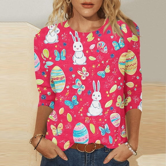 Cavosen Happy Easter Womens 3/4 Sleeve Shirts Summer Cute Bunny Eggs Print Pullover Tops Crewneck Holiday Blouse Vacation Festival T Shirts Casual Dressy Stylish Tees Red S