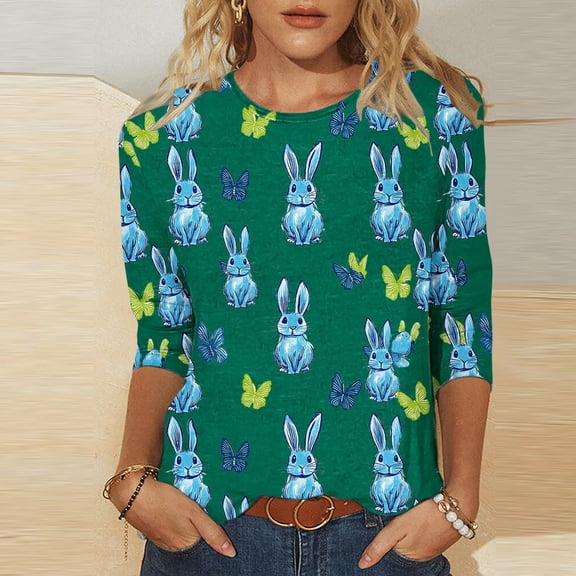 Cavosen Happy Easter Womens 3/4 Sleeve Tops for Summer Bunny Print Pullover Blouse Round Neck Holiday Shirts Vacation Festival T Shirts Casual Dressy Stylish Tees Green L