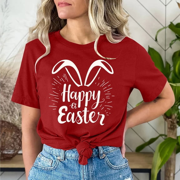 Cavosen Happy Easter Womens Blouse Short Sleeve Tunic Summer Bunny Funny Letter Print Pullover Shirts Crewneck Holiday Tops Vacation Festival T Shirts Loose Dressy Red XL
