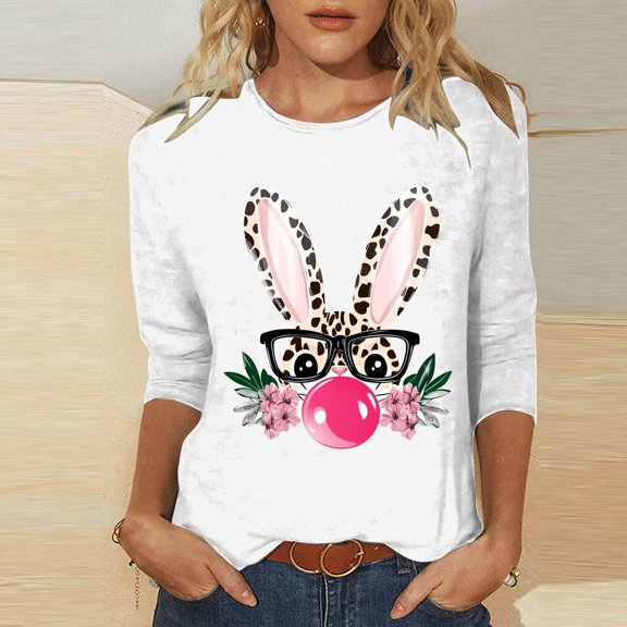 Cavosen Happy Easter Womens Blouses 3/4 Sleeve Summer Cute Bunny Print Pullover Shirts Crewneck Festival Tops Vacation Holiday T Shirts Casual Dressy Stylish Tees White M