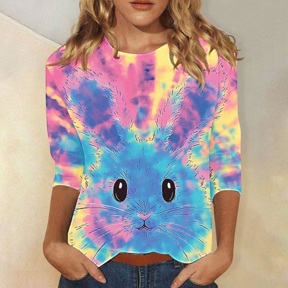 Cavosen Happy Easter Womens Blouses 3/4 Sleeve Summer Cute Bunny Tie Dye Print Pullover Tops Round Neck Holiday Shirts Vacation Festival T Shirts Loose Dressy Stylish Tees XL