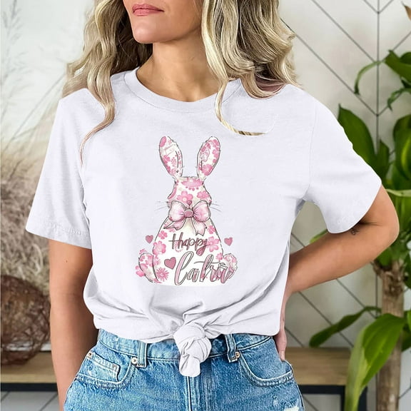 Cavosen Happy Easter Womens Casual Tops Short Sleeve Summer Bunny Print Pullover Blouse Crewneck Festival Shirts Vacation Holiday Tee Shirts Loose Dressy T Shirts White L