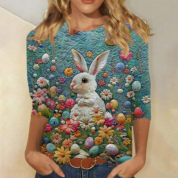 Cavosen Happy Easter Womens Dressy Tops 3/4 Length Sleeves Bunny Eggs Floral Print Fashion Blouse Crewneck Holiday Shirts Casual Festival T Shirts Going out Summer Tees XL