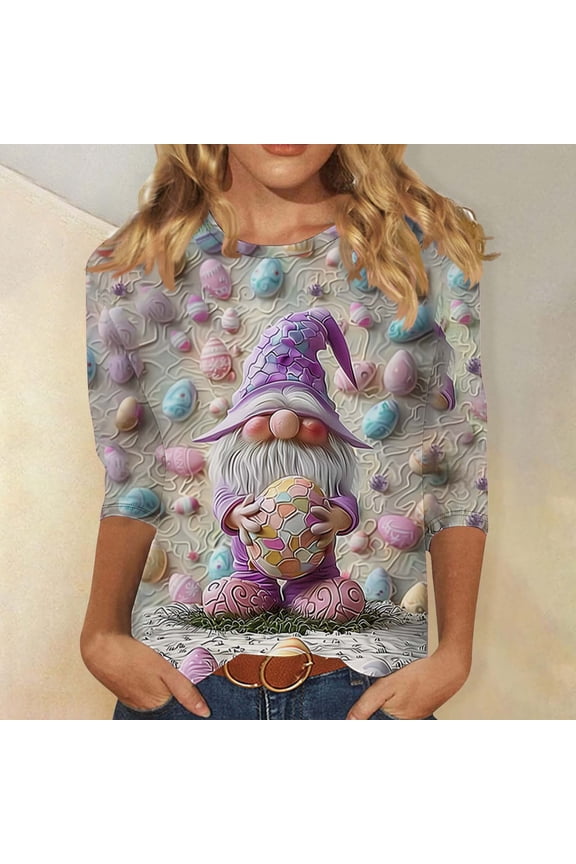 Happy Easter Womens Shirts 3/4 Length Sleeves Eggs Gnome Print Fashion Pullover T Shirts Crewneck Festival Blouse Loose Dressy Holiday Tops Going out Summer Tees S
