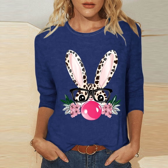 Cavosen Happy Easter Womens Shirts 3/4 Sleeves Blouse Summer Bunny Print Pullover Shirts Crewneck Holiday Tops Vacation Festival T Shirts Casual Dressy Trendy Tees Blue XL