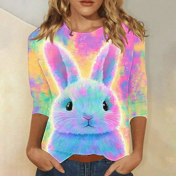 Cavosen Happy Easter Womens Shirts 3/4 Sleeves Blouse Summer Bunny Tie Dye Print Pullover Shirts Crewneck Holiday Tops Vacation Festival Tee Shirts Casual Dressy T Shirts L