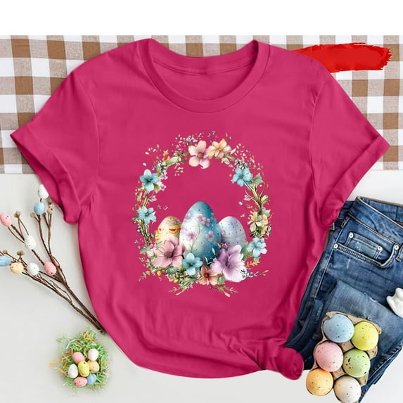 Cavosen Happy Easter Womens Shirts Short Sleeve Casual Summer Eggs Floral Print Pullover Tops Round Neck Festival Blouse Vacation Holiday Tee Shirts Loose Dressy T Shirts Pink L
