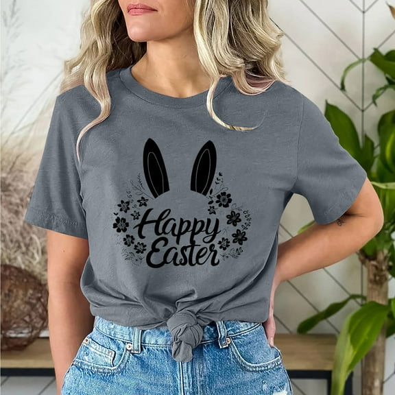 Cavosen Happy Easter Womens Shirts Short Sleeve Crew Neck Summer Bunny Funny Letter Print Pullover Tops Holiday Blouse Vacation Festival T Shirts Loose Dressy Tees Gray S
