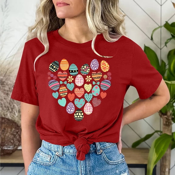 Cavosen Happy Easter Womens Shirts Short Sleeve Dressy Summer Cute Eggs Print Pullover Blouse Round Neck Festival Tops Vacation Holiday T Shirts Casual Stylish Tees Red M