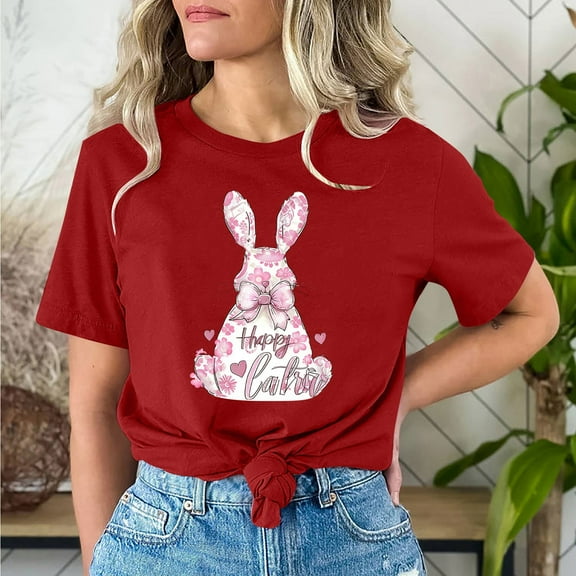 Cavosen Happy Easter Womens Short Sleeve Tops Dressy Summer Cute Bunny Print Pullover Shirts Crewneck Festival Blouse Vacation Holiday T Shirts Loose Trendy Going out Tees Red XL
