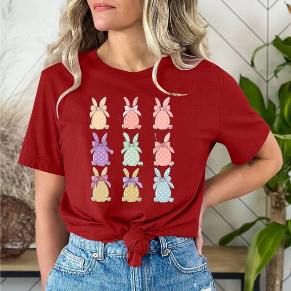 Cavosen Happy Easter Womens Short Sleeve Tops Dressy Summer Cute Bunny Print Pullover Shirts Round Neck Holiday Blouse Vacation Festival T Shirts Loose Stylish Tees Red L