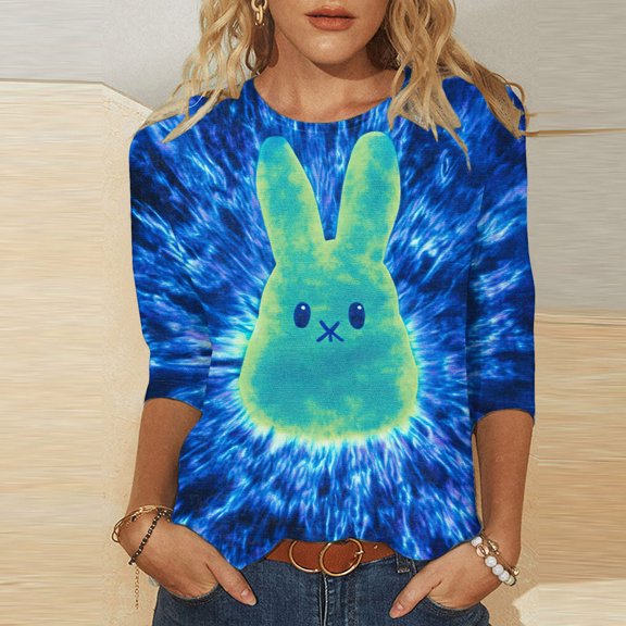 Cavosen Happy Easter Womens T Shirts 3/4 Sleeve Summer Plus Size Bunny Tie Dye Print Pullover Blouse Crewneck Festival Shirts Vacation Holiday Tops Casual Dressy Tees 4XL