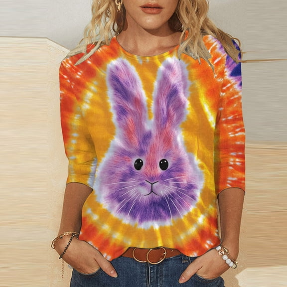 Cavosen Happy Easter Womens T Shirts 3/4 Sleeve Summer Plus Size Bunny Tie Dye Print Pullover Blouse Crewneck Holiday Shirts Vacation Festival Tops Casual Dressy Tees 4XL