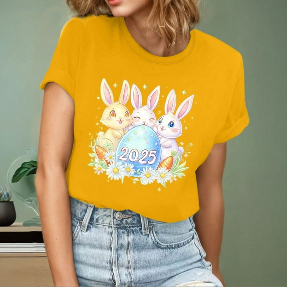 Cavosen Happy Easter Womens T Shirts Short Sleeve Summer Bunny Eggs Print Pullover Shirts Crewneck Festival Tops Vacation Holiday Blouse Loose Dressy Fashion Tees Yellow 2XL
