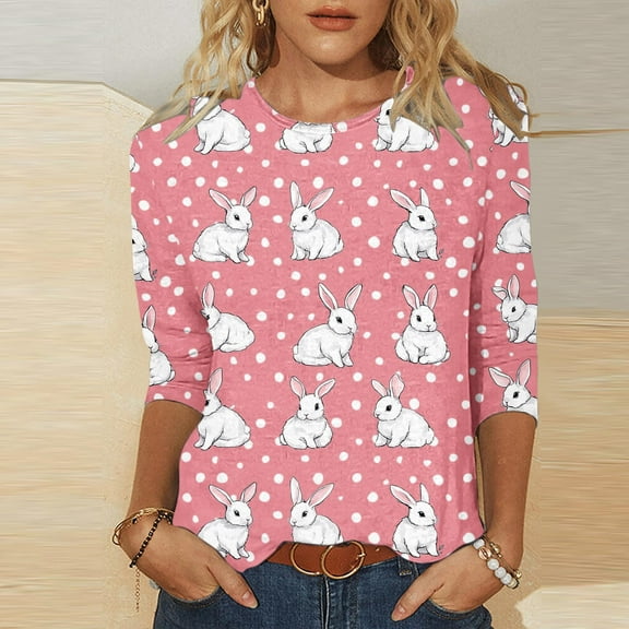 Cavosen Happy Easter Womens Three Quarter Sleeve Blouses Summer Plus Size Bunny Print Pullover Tops 3/4 Sleeve Crewneck Holiday Shirts Vacation Festival T Shirts Casual Pink 4XL