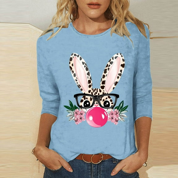 Cavosen Happy Easter Womens Three Quarter Sleeve T Shirts Summer Bunny Print Pullover Blouse 3/4 Sleeve Crewneck Holiday Tops Vacation Festival Shirts Loose Dressy Blue S