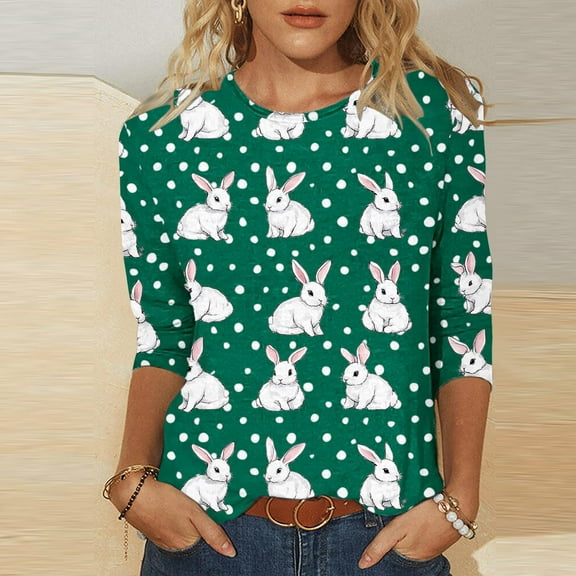 Cavosen Happy Easter Womens Tops 3/4 Sleeve Crew Neck Summer Bunny Print Pullover Blouse Holiday Shirts Vacation Festival Tee Shirts Loose Dressy Trendy T Shirts Green XL