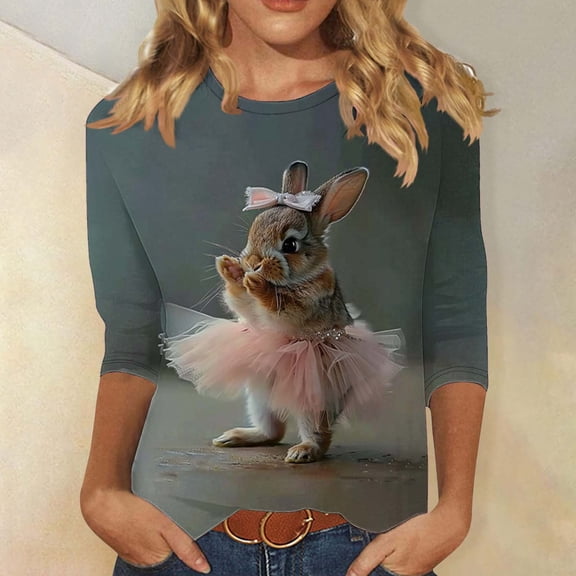 Cavosen Happy Easter Womens Tops 3/4 Sleeve Round Neck Bunny Graphic Print Fashion Pullover Blouse Festival T Shirts Loose Dressy Holiday Shirts Religious Going out Summer Tees S