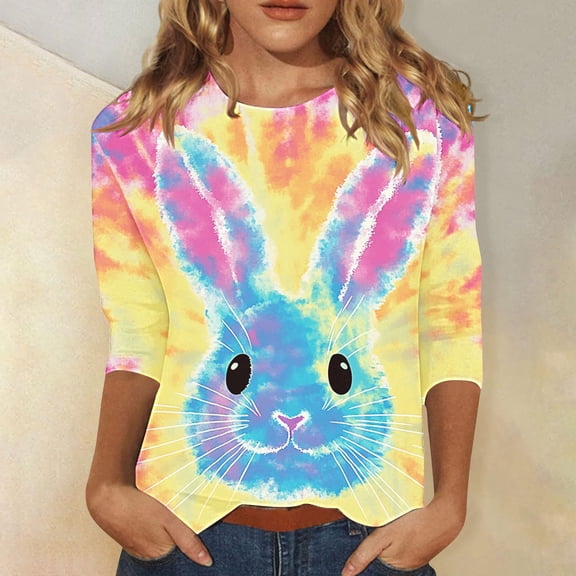 Cavosen Happy Easter Womens Tops 3/4 Sleeve T Shirt Summer Bunny Tie Dye Print Pullover Shirts Crewneck Holiday Blouse Vacation Festival Tee Shirts Casual Dressy T Shirts S