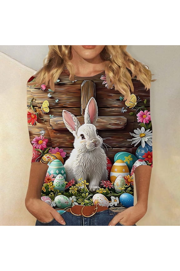 Happy Easter Womens Tops 3/4 Sleeves Loose Fitting Bunny Eggs Floral Print Fashion T Shirts Crewneck Festival Shirts Casual Dressy Holiday Blouse Going out Tees XL