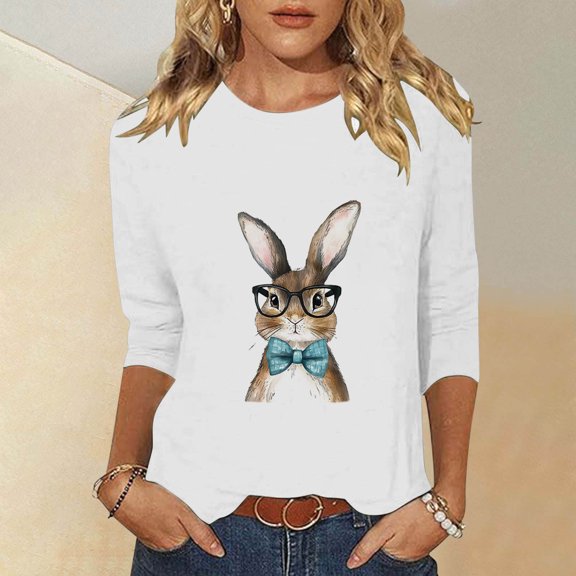 Cavosen Happy Easter Womens Tops Casual 3/4 Sleeve Summer Bunny Print Pullover Shirts Crewneck Holiday Blouse Vacation Festival Tee Shirts Loose Dressy T Shirts White 2XL