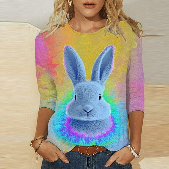Cavosen Happy Easter Womens Tops Casual 3/4 Sleeve Summer Cute Bunny Print Pullover Shirts Crewneck Festival Blouse Vacation Holiday T Shirts Loose Dressy Stylish Going out Tees S