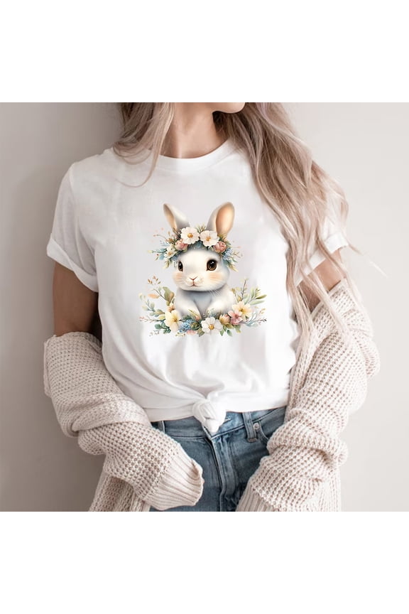 Happy Easter Womens Tops Casual Short Sleeve Summer Bunny Print Pullover Shirts Round Neck Holiday Blouse Vacation Festival Tee Shirts Loose Dressy Trendy T Shirts L