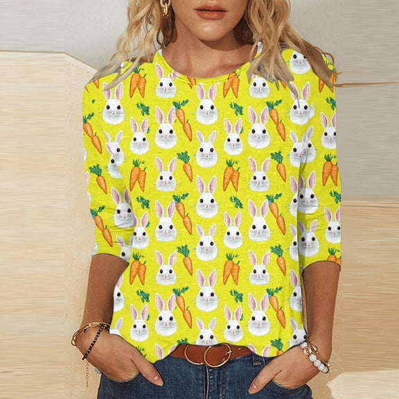 Cavosen Happy Easter Womens Tops Dressy Casual 3/4 Sleeve Summer Bunny Print Pullover Shirts Crewneck Festival Blouse Vacation Holiday Tee Shirts Loose Fashion T Shirts Yellow S