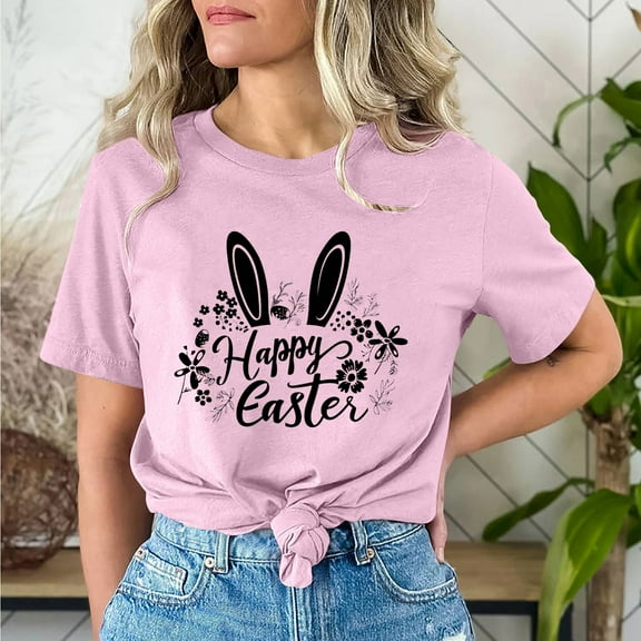 Cavosen Happy Easter Womens Tops Short Sleeve Blouse Summer Plus Size Bunny Funny Letter Print Blouse Round Neck Holiday Shirts Vacation Festival Tee Shirts Loose Pink 3XL