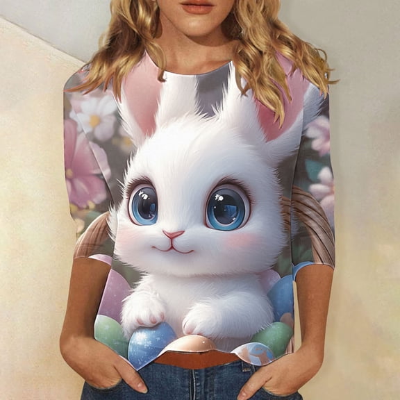 Cavosen Happy Easter Womens Tops Three Quarter Sleeve Length Bunny Eggs Print Trendy Blouse 3/4 Sleeve Crewneck Festival T Shirts Loose Dressy Holiday Shirts Going out Tees S