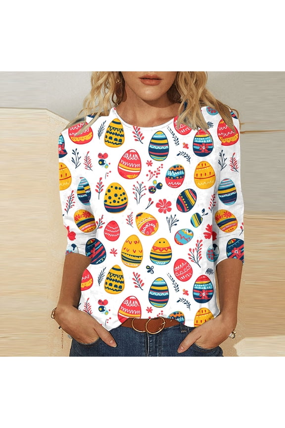 Happy Easter Womens Tops Three Quarter Sleeve Length Eggs Graphic Print Trendy Shirts 3/4 Sleeve Round Neck Festival T Shirts Casual Dressy Holiday Blouse Going out XL