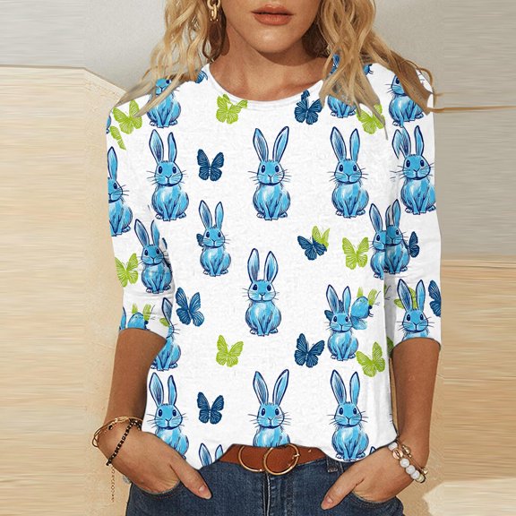 Cavosen Happy Easter Womens Tops Three Quarter Sleeve Length Summer Plus Size Bunny Print Shirts 3/4 Sleeve Round Neck Festival Blouse Vacation Holiday T Shirts White 5XL