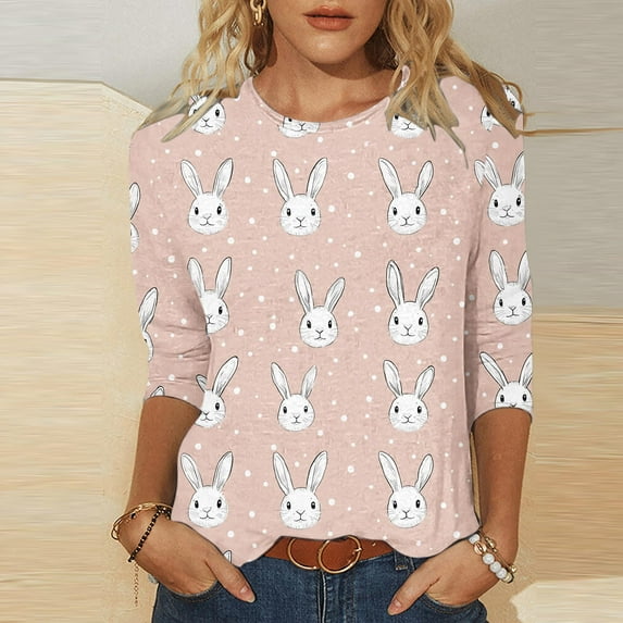 Cavosen Happy Easter Womens Tshirt 3/4 Sleeve Summer Bunny Print Pullover Blouse Round Neck Holiday Tops Vacation Festival Tee Shirts Loose Dressy Stylish T Shirts Pink XL