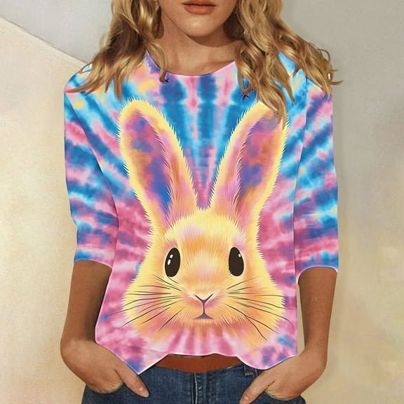 Cavosen Happy Easter Womens Tshirt 3/4 Sleeve Summer Cute Bunny Tie Dye Print Pullover Tops Crewneck Festival Blouse Vacation Holiday T Shirts Casual Dressy Trendy Tees M