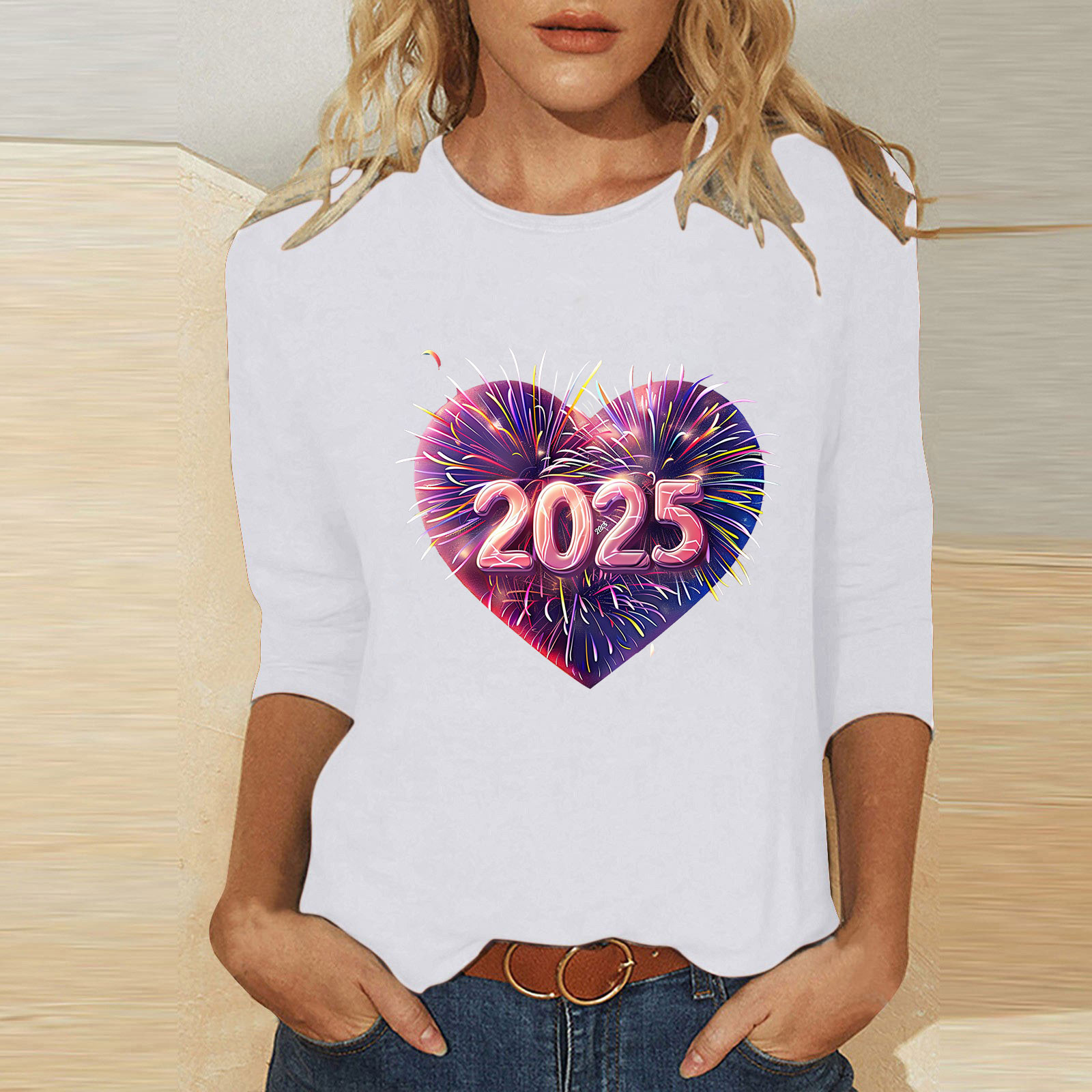 Cavosen Happy New Year T Shirts for Women 3/4 Length Sleeves Holiday