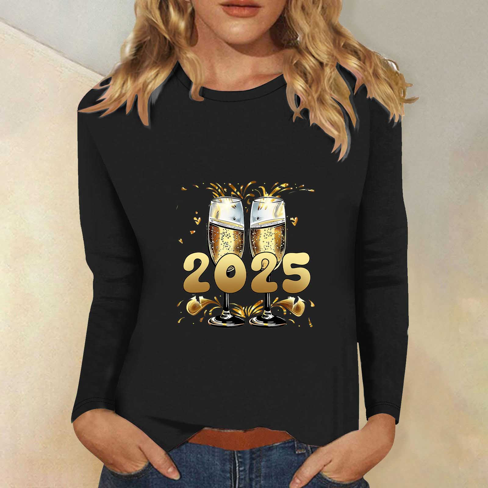 Cavosen Happy New Year Women's Long Sleeve Blouses and Shirts Holiday