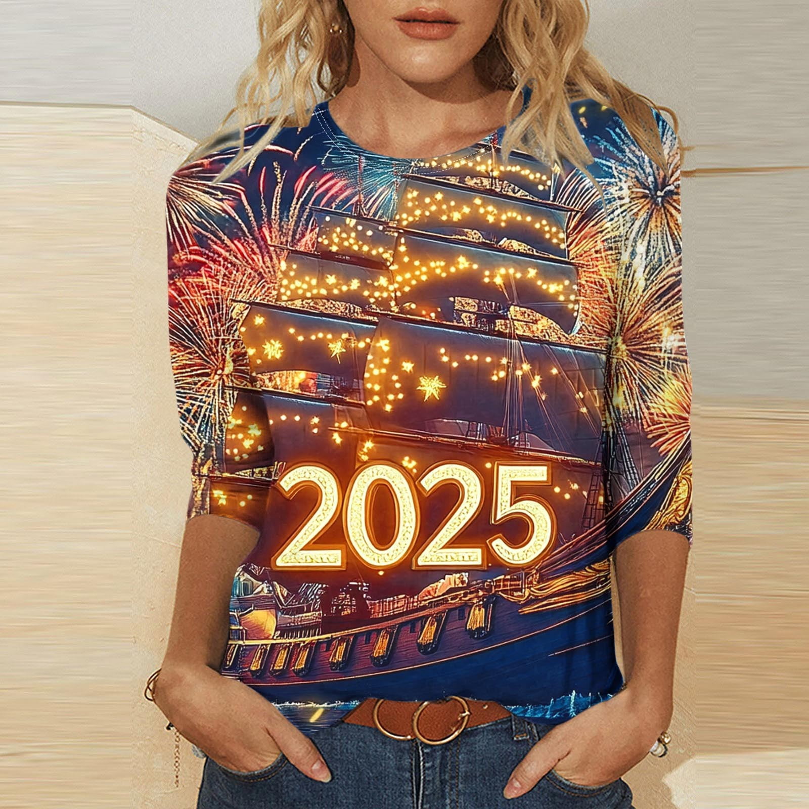 Cavosen Happy New Year Womens Blouses 3/4 Sleeve Festival 2025 Letter