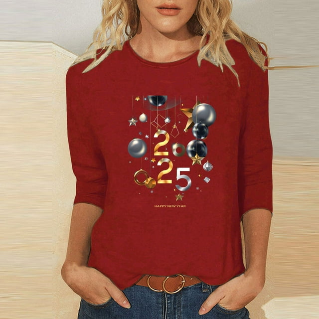 Cavosen Happy New Year Womens Dressy Tops 3/4 Length Sleeves Festival