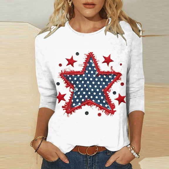 Cavosen Independence Day Clothes Women Petite 4th of July 3/4 Sleeve Crewneck Tops USA Star Striped Print T Shirts Lady XL Red White and Blue Casual Tops Patriotic Tunic Tees 2025 Patriotic Clothes