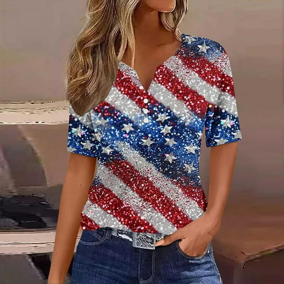 Cavosen Independence Day Clothes Women Petite 4th of July Short Sleeve V Neck Tops USA Star Striped Print T Shirts Lady L Red White and Blue Casual Shirts Patriotic Tunic Tees Patriotic Outfits