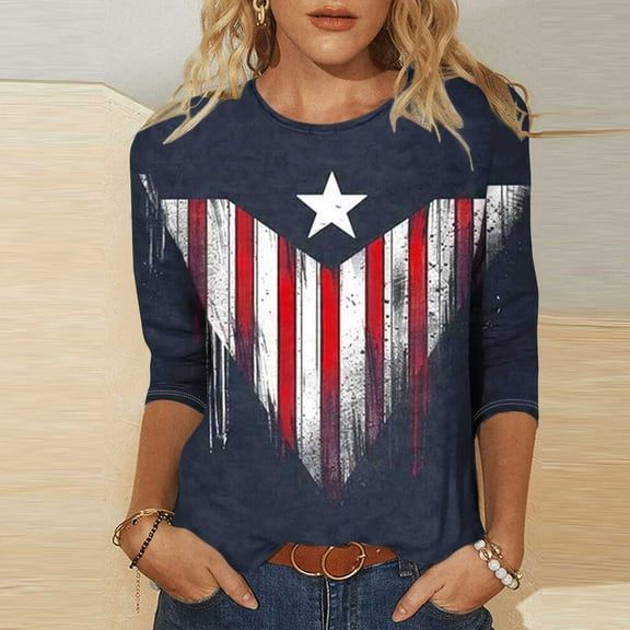 Cavosen Independence Day Clothes Women Petite Patriotic 3/4 Sleeve Crew Neck Tops American Flag Print T Shirts Lady XL Independence Day Casual Tops Funny 4th of July Tunic Tees 2025 Patriotic Clothes