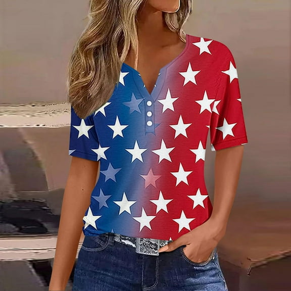 Cavosen Independence Day Clothes Women Petite Red White and Blue Short Sleeve V Neck Shirts USA Star Striped Graphic Tops Lady M Patriotic Casual T Shirts Independence Day Tunic Tees