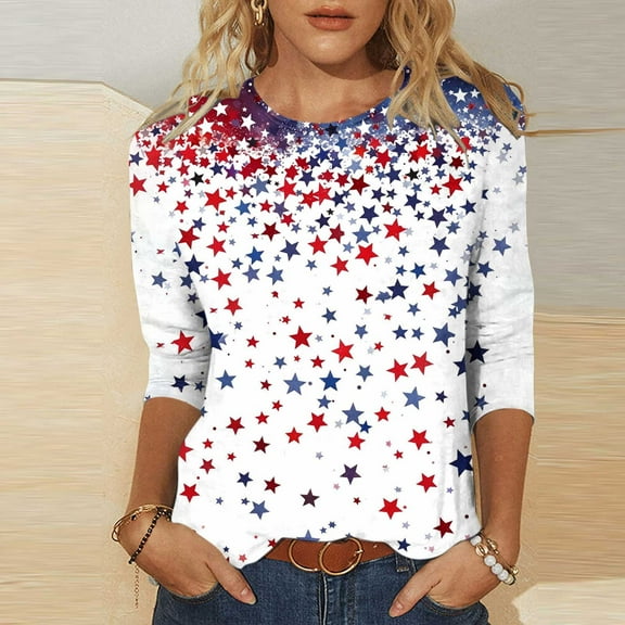 Cavosen Independence Day Clothes Women Plus Size Independence Day 3/4 Sleeve Round Neck Shirts American Flag Graphic Tops Lady 3X 4th of July Casual T Shirts Red White and Blue Tunic Tees