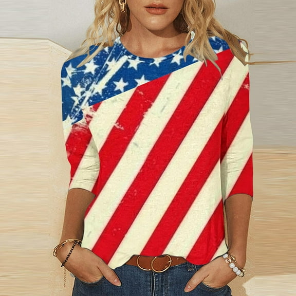 Cavosen Independence Day Clothes Women Plus Size Independence Day 3/4 Sleeve Round Neck T Shirts American Flag Graphic Tops Lady 5X 4th of July Casual T Shirts Red White and Blue Tunic Tees