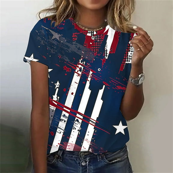 Cavosen Independence Day Clothes Women Plus Size Independence Day Short Sleeve Round Neck T Shirts USA Flag Graphic Tops Lady 3X 4th of July Casual T Shirts Red White and Blue Tunic Tees