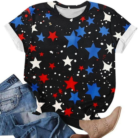 Cavosen Independence Day Clothes Women Plus Size Red White and Blue Short Sleeve Crew Neck T Shirts American Flag Graphic Shirts Lady 5X Patriotic Casual Shirts Independence Day Tunic Tees